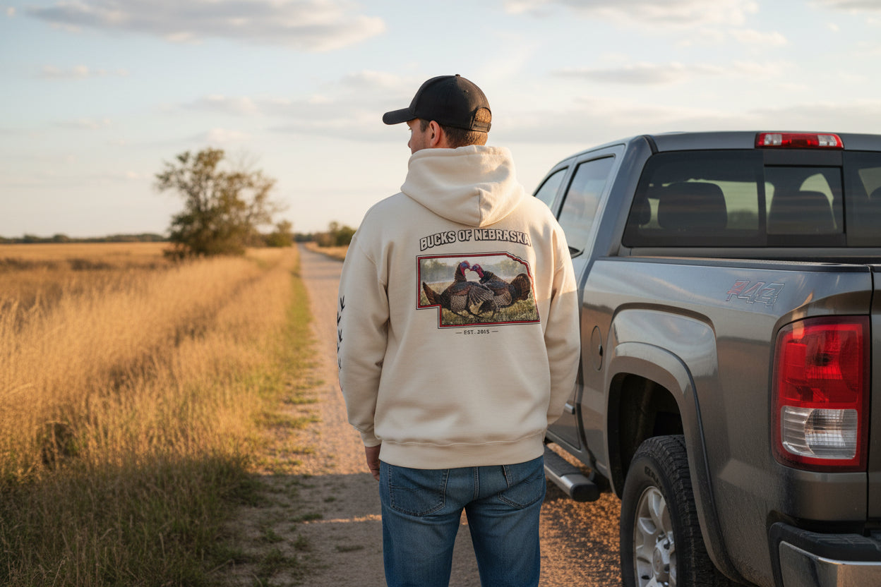 Beige hoodie with turkey graphic and 'Bucks of Nebraska' text on a white background