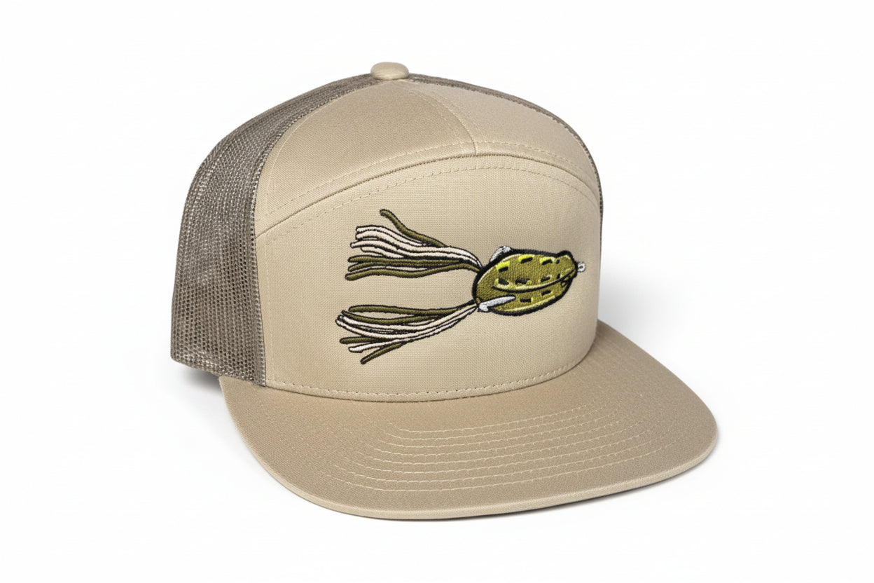 Topwater Frog Lure Bass Fising 7 Panel Hat - Khaki/Loden