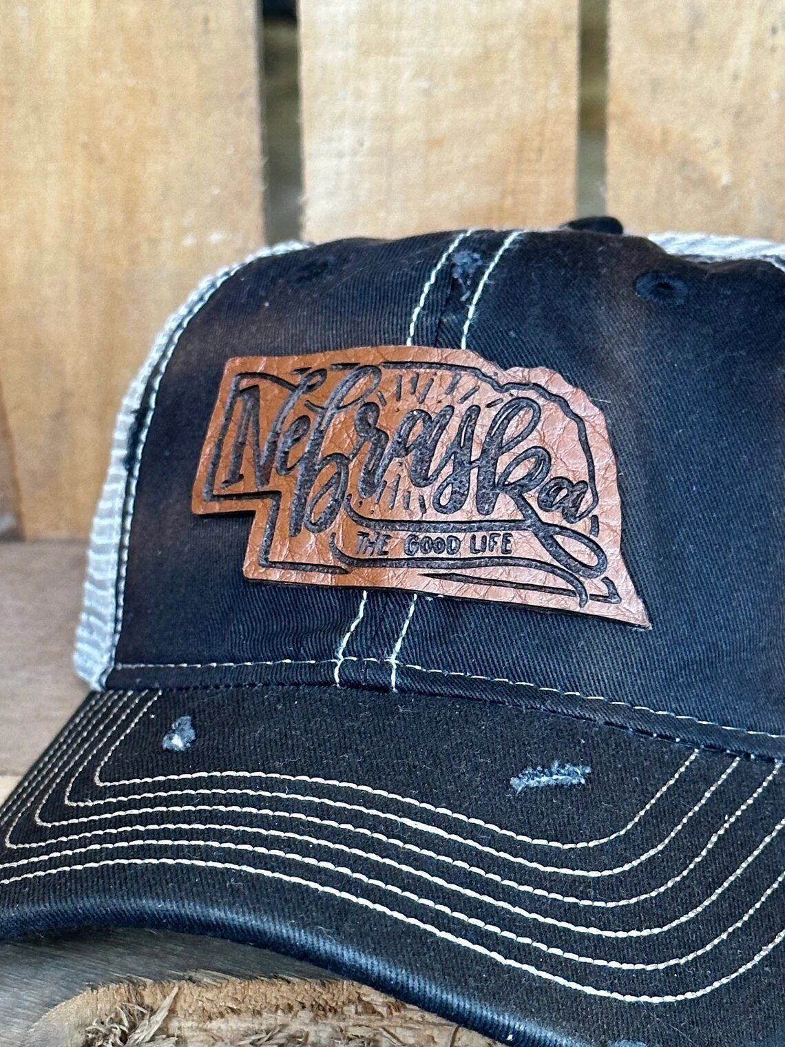 Nebraska Leather Hand Lettered Patch Ladies Hat