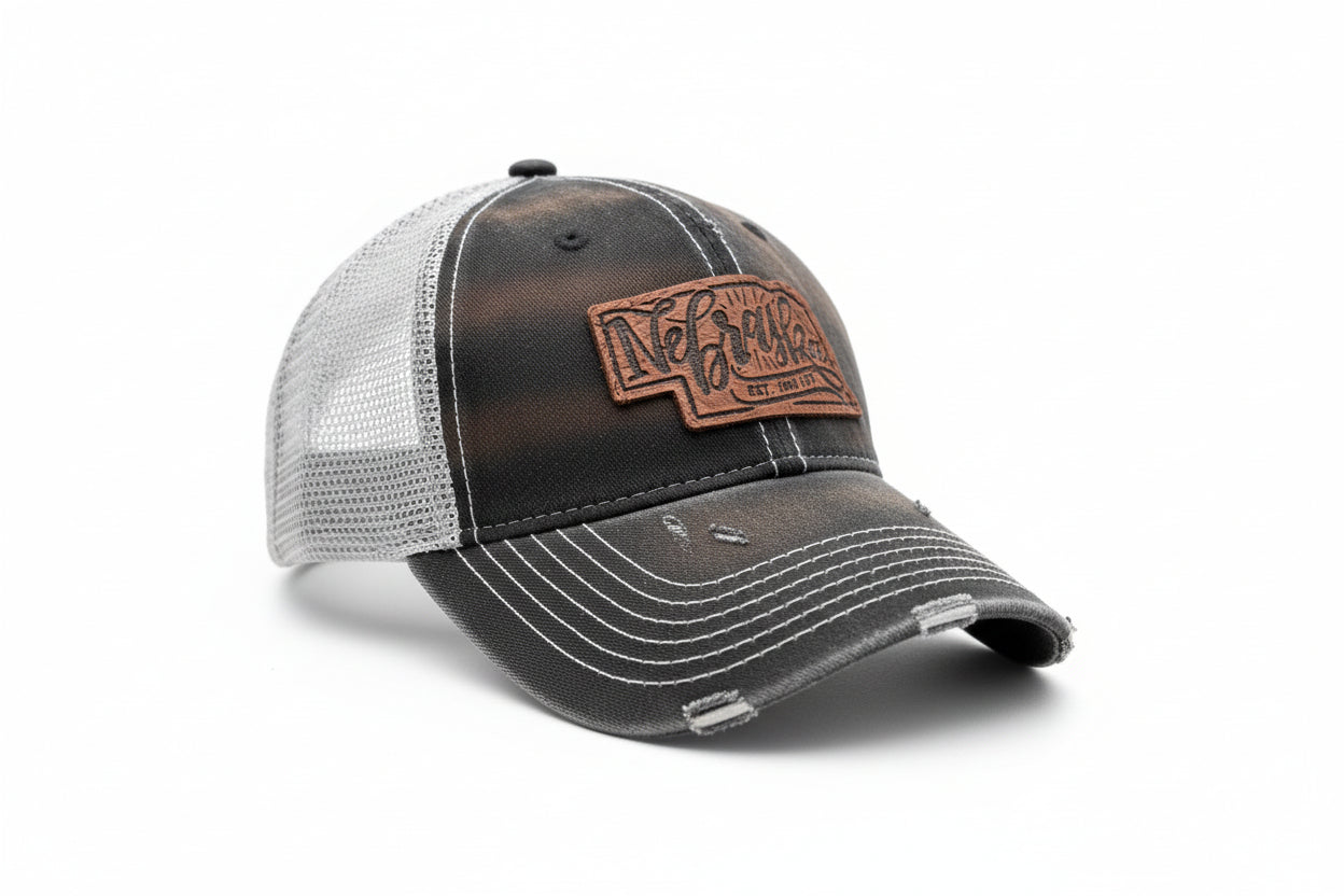 Nebraska Leather Hand Lettered Patch Ladies Hat