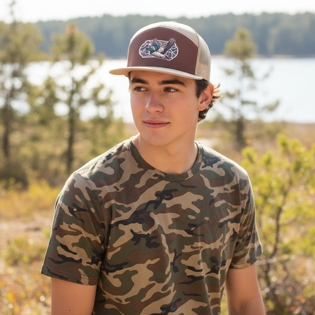 Vintage Duck Hunt Camo Brown/Khaki, Bucks of Nebraska 7 Panel Hat
